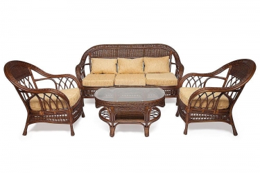Комплект для отдыха Tetchair MICHELLE стол со стеклом+ диван + 2 кресла + подушки Pecan Washed античн. орех, Ткань рубчик, цвет кремовый