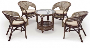 Комплект Tetchair PELANGI 02/15 стол со стеклом + 4 кресла без подушек ротанг, кресло 65х65х77см, стол диаметр 64х61см, walnut грецкий орех
